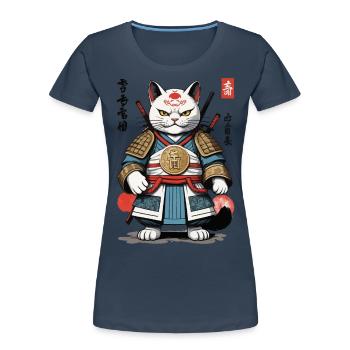 Chat samouraï au look streetwear anime - T-shirt bio Premium Femme - bleu marine - Devant - Mia (176cm)