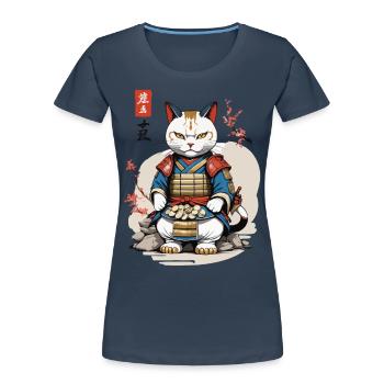 Samurai Katze im Asiatischen Ukiyo-E Stil - Frauen Premium Bio T-Shirt - Navy - Vorne - Mia (176cm)