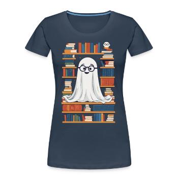 Lustiges Buchliebhaber Stil Halloween Gespenst - Frauen Premium Bio T-Shirt - Navy - Vorne - Mia (176cm)