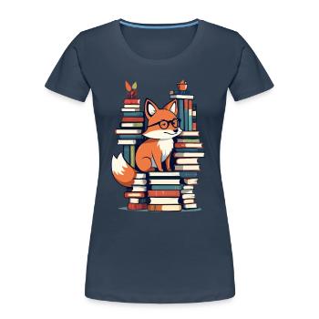 Cute book lover fox with glasses - Women's Premium Organic T-Shirt - navy - Front - Mia (176cm)