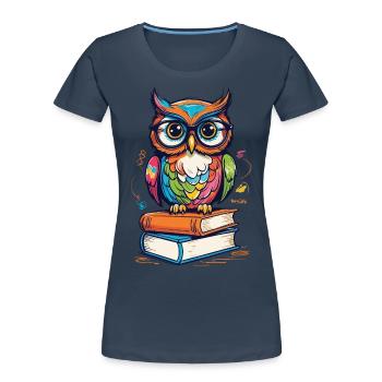 Mignon Livre Illustration Hiboux Amoureux - T-shirt bio Premium Femme - bleu marine - Devant - Mia (176cm)