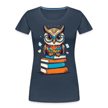 Books Owl Owls Lover Cute Book Illustration - Women's Premium Organic T-Shirt - navy - Front - Mia (176cm)