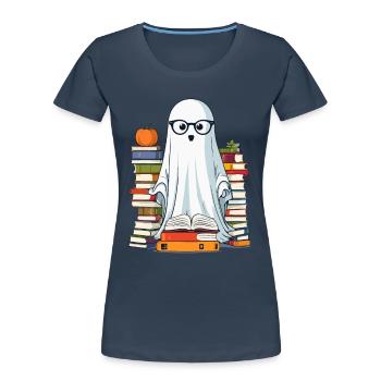 Buchliebhaber Stil Lesendes Halloween Gespenst - Frauen Premium Bio T-Shirt - Navy - Vorne - Mia (176cm)