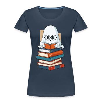 Buchliebhaber Stil Lesendes Halloween Gespenst - Frauen Premium Bio T-Shirt - Navy - Vorne - Mia (176cm)