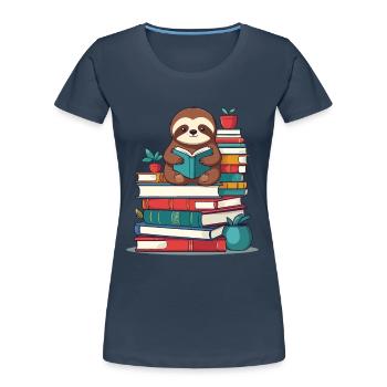 Funny Book Lover Sloth Reading Sloth - Women's Premium Organic T-Shirt - navy - Front - Mia (176cm)