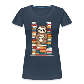 Funny book lover sloth reading book - Women's Premium Organic T-Shirt - navy - Front - Mia (176cm)
