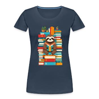 Funny Book Lover Sloth Illustration - Women's Premium Organic T-Shirt - navy - Front - Mia (176cm)
