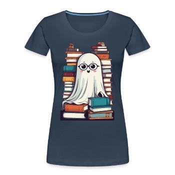 Buchliebhaber Stil Lesendes Halloween Gespenst - Frauen Premium Bio T-Shirt - Navy - Vorne - Mia (176cm)