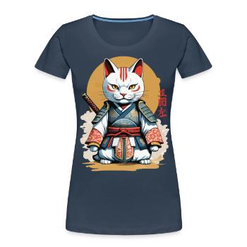 Samurai Katze Japanisches Kunstwerk Anime Design - Frauen Premium Bio T-Shirt - Navy - Vorne - Mia (176cm)