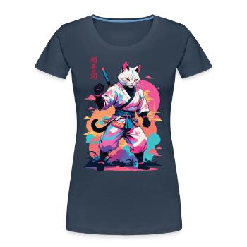 Samurai Katze Vaporwave Aesthetic Japan Kunst - Frauen Premium Bio T-Shirt - Navy - Vorne - Mia (176cm)