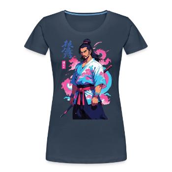 Esthétique style Vaporwave : Samouraï et art de l’anime - T-shirt bio Premium Femme - bleu marine - Devant - Mia (176cm)
