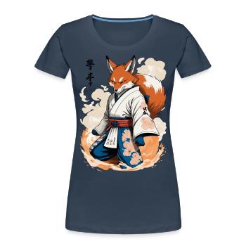 Kitsune Samouraï Renard Vintage Ukiyo-e Style - T-shirt bio Premium Femme - bleu marine - Devant - Mia (176cm)