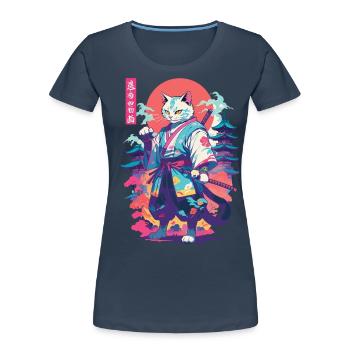 Chat samouraï Vaporwave Esthétique Japon Art - T-shirt bio Premium Femme - bleu marine - Devant - Mia (176cm)