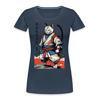 Samurai Cat Vintage Ukiyo-E Japanese - Women's Premium Organic T-Shirt - navy - Front - Mia (176cm)