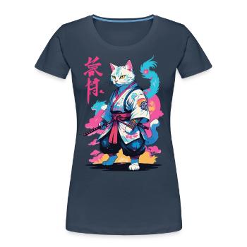 Samurai Katze Vaporwave Aesthetic Japan Kunst - Frauen Premium Bio T-Shirt - Navy - Vorne - Mia (176cm)