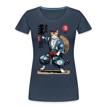 Samurai Katze Vintage Ukiyo-E Asiatischer Stil - Frauen Premium Bio T-Shirt - Navy - Vorne - Mia (176cm)