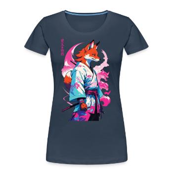 Kitsune Samurai Fuchs Aesthetic Vaporwave Stil - Frauen Premium Bio T-Shirt - Navy - Vorne - Mia (176cm)