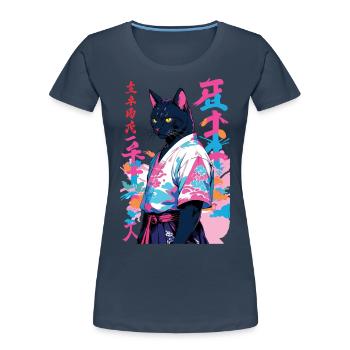 Samurai Katze Vaporwave Aesthetic Samurai Kunst - Frauen Premium Bio T-Shirt - Navy - Vorne - Mia (176cm)