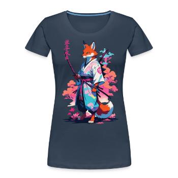Kitsune Samurai Fuchs Aesthetic Vaporwave Stil - Frauen Premium Bio T-Shirt - Navy - Vorne - Mia (176cm)