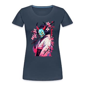 Oni Samouraï Vaporwave Esthétique Démon Japonais - T-shirt bio Premium Femme - bleu marine - Devant - Mia (176cm)