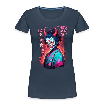 Oni Samouraï Vaporwave Esthétique Japon Culture - T-shirt bio Premium Femme - bleu marine - Devant - Mia (176cm)