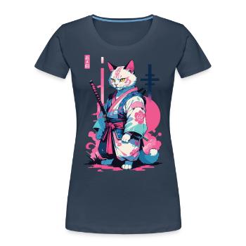 Chat samouraï Vaporwave Esthétique Japon Art - T-shirt bio Premium Femme - bleu marine - Devant - Mia (176cm)