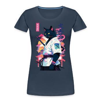 Samurai Cat Vaporwave Aesthetic Japan Art - Women's Premium Organic T-Shirt - navy - Front - Mia (176cm)