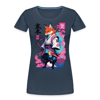 Kitsune Samurai Fuchs Aesthetic Vaporwave Stil - Frauen Premium Bio T-Shirt - Navy - Vorne - Mia (176cm)