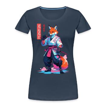 Kitsune Samurai Fox Esthétique Style Vaporwave - T-shirt bio Premium Femme - bleu marine - Devant - Mia (176cm)