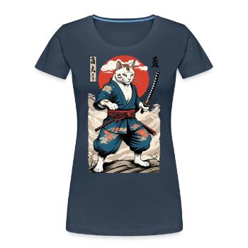 Chat Samouraï Vintage Ukiyo-E Esthétique Style Japon - T-shirt bio Premium Femme - bleu marine - Devant - Mia (176cm)