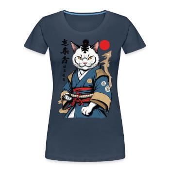 Samurai Cat Vintage Ukiyo-E Aesthetic Japan - Women's Premium Organic T-Shirt - navy - Front - Mia (176cm)