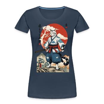 Chat Samouraï Vintage Ukiyo-E Japonais - T-shirt bio Premium Femme - bleu marine - Devant - Mia (176cm)