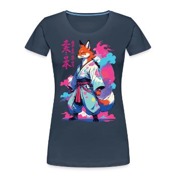 Kitsune Samurai Fuchs Aesthetic Vaporwave Stil - Frauen Premium Bio T-Shirt - Navy - Vorne - Mia (176cm)
