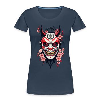 Oni Démon Masque Samouraï Esthétique Yokai - T-shirt bio Premium Femme - bleu marine - Devant - Mia (176cm)