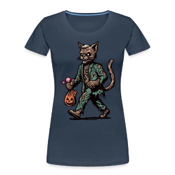 Chat zombie mort-vivant Halloween - T-shirt bio Premium Femme - bleu marine - Devant - Mia (176cm)