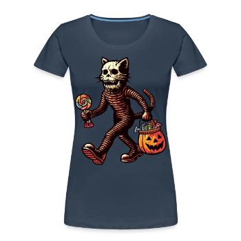 Chat zombie mort-vivant Halloween - T-shirt bio Premium Femme - bleu marine - Devant - Mia (176cm)