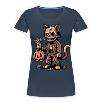 Chat zombie mort-vivant Trick or Treat - T-shirt bio Premium Femme - bleu marine - Devant - Mia (176cm)