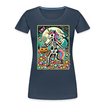 Drôle de squelette de licorne aime les bonbons - T-shirt bio Premium Femme - bleu marine - Devant - Mia (176cm)