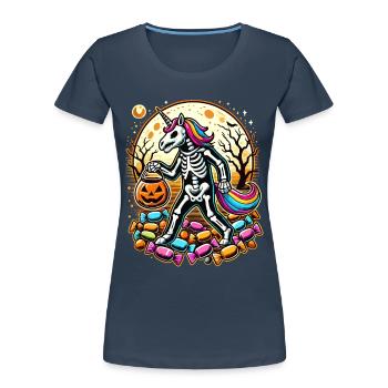 Drôle de squelette de licorne aime les bonbons - T-shirt bio Premium Femme - bleu marine - Devant - Mia (176cm)