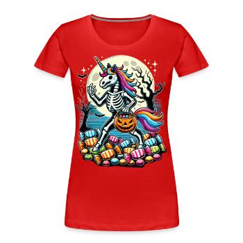 Lustiges Einhorn Skelett Liegt Süßigkeiten - Frauen Premium Bio T-Shirt -  - Vorne - Mia (176cm)