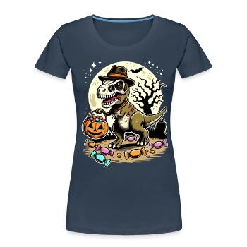 Drôle de T-Rex Zombie Aime Les Bonbons - T-shirt bio Premium Femme - bleu marine - Devant - Mia (176cm)