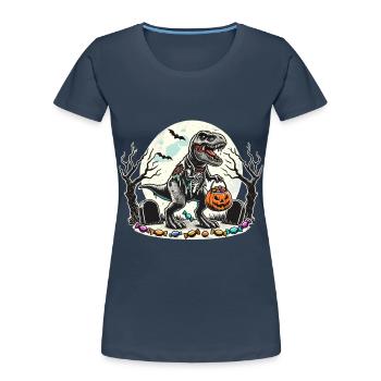 Drôle T-Rex Zombie Amour Bonbons - T-shirt bio Premium Femme - bleu marine - Devant - Mia (176cm)