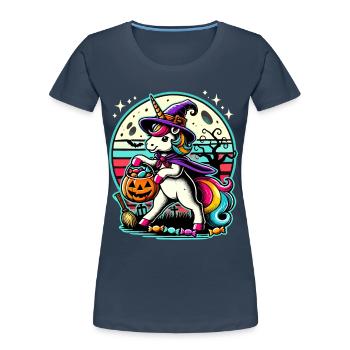 Truc ou friandise d'Halloween drôle de licorne de sorcière - T-shirt bio Premium Femme - bleu marine - Devant - Mia (176cm)