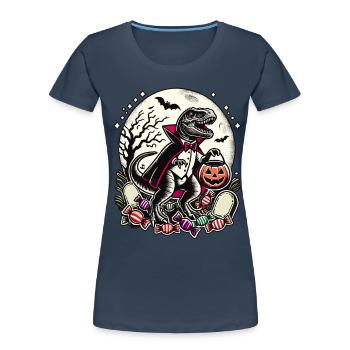 Drôle T-Rex vampire menteur bonbons - T-shirt bio Premium Femme - bleu marine - Devant - Mia (176cm)