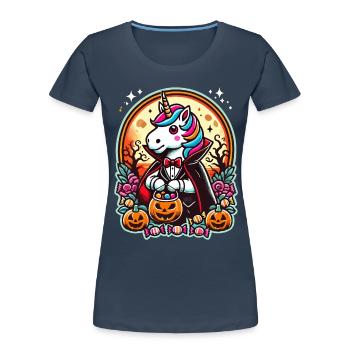 Drôle de licorne vampire aime les bonbons - T-shirt bio Premium Femme - bleu marine - Devant - Mia (176cm)