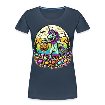 Funny Zombie Unicorn Loves Candy - Women's Premium Organic T-Shirt - navy - Front - Mia (176cm)