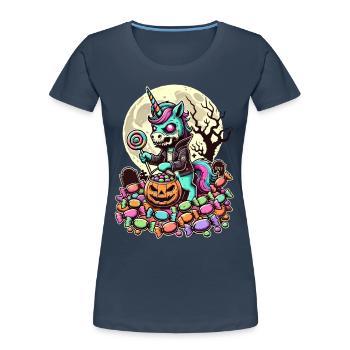 Funny Zombie Unicorn Loves Candy - Women's Premium Organic T-Shirt - navy - Front - Mia (176cm)