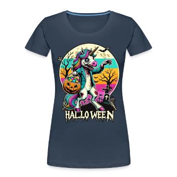 Creepy Zombie Unicorn Loves Candy - Women's Premium Organic T-Shirt - navy - Front - Mia (176cm)