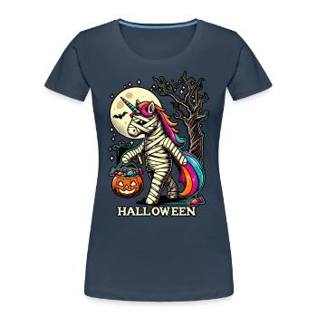 Drôle de licorne momie aime les bonbons - T-shirt bio Premium Femme - bleu marine - Devant - Mia (176cm)