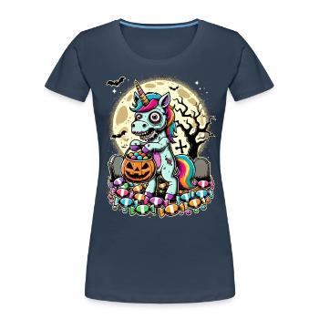 Drôle de licorne zombie aime les bonbons - T-shirt bio Premium Femme - bleu marine - Devant - Mia (176cm)